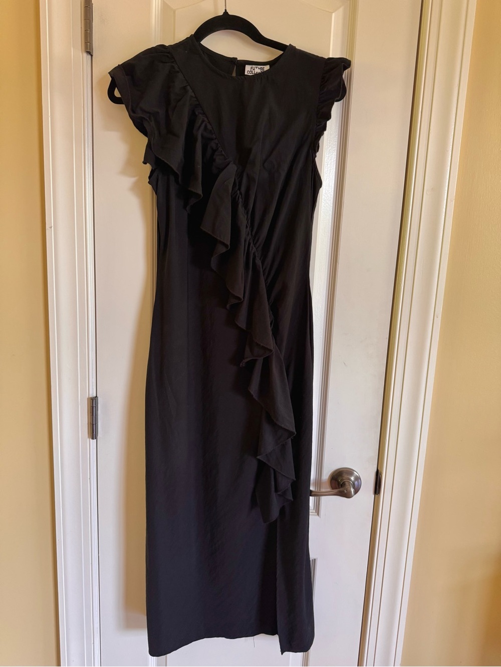 Black Asymmetrical Ruffle-Front Maxi Dress - front slit - cap sleeves